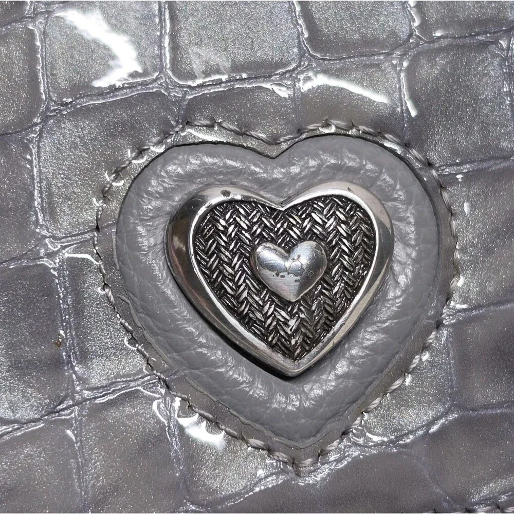 Brighton Bellissimo Heart Folio Wallet Gray Patent Leather Crocodile Embossed